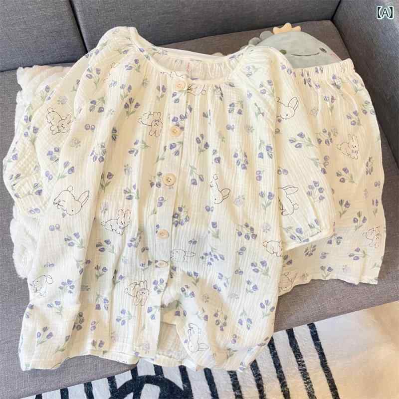 パジャマ　レディース　かわいい 二 重層 綿 ガーゼ パジャマ 女性 夏 2024 半袖 かわいい ウサギの 夏..