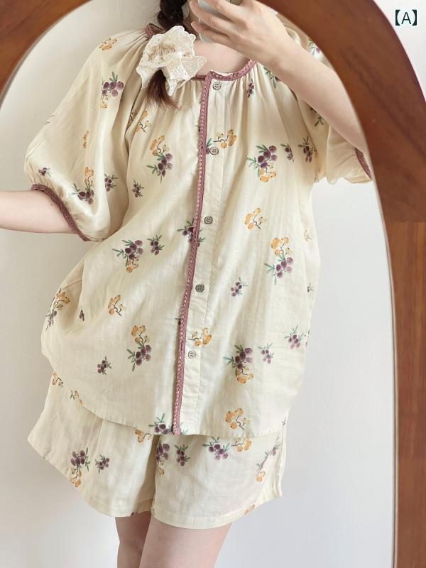 パジャマ　レディース　かわいい チャイナ風 ビワの 二 重層 綿糸 パジャマ レディース 薄手 夏の 半袖..