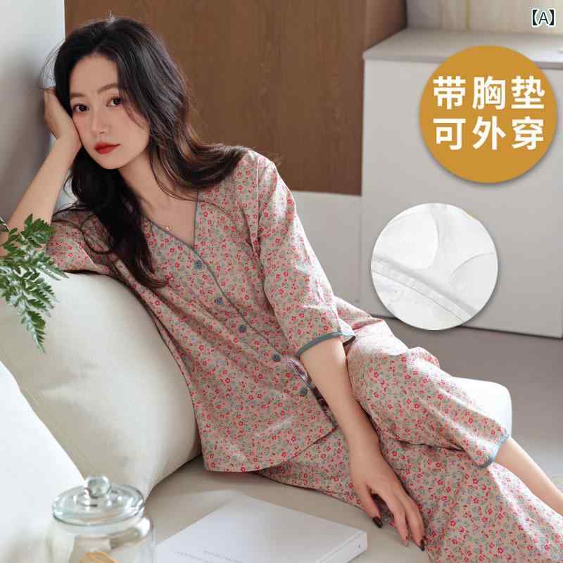 ママ　パジャマ　レディース ラン シャの 夏用 綿 パジャマ 七分袖 七分丈 パンツ 韓国 外出 着 ホームウェア ツーピース スーツ