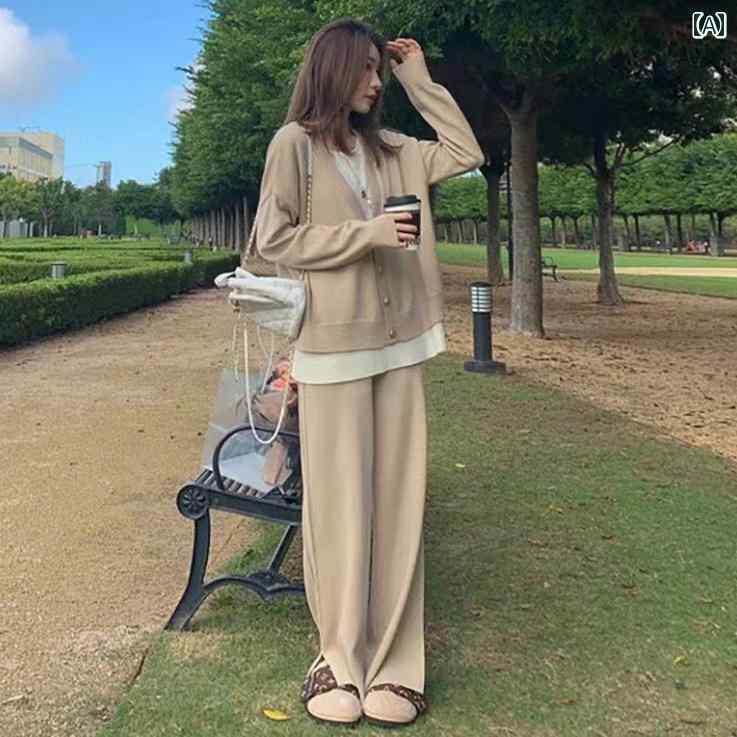 マタニティ パンツ レギンス マタニティ スーツ はで スタイリッシュ カーキ色の ニットの ゆったり お腹を 覆う セーターの ツーピース 2025秋冬