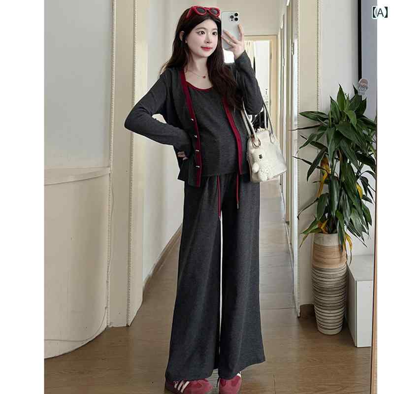 マタニティ パンツ レギンス マタニティ スーツ 春秋 2025 韓国 長袖 グレー コート サスペンダー トップ パンツ スリーピーススーツ