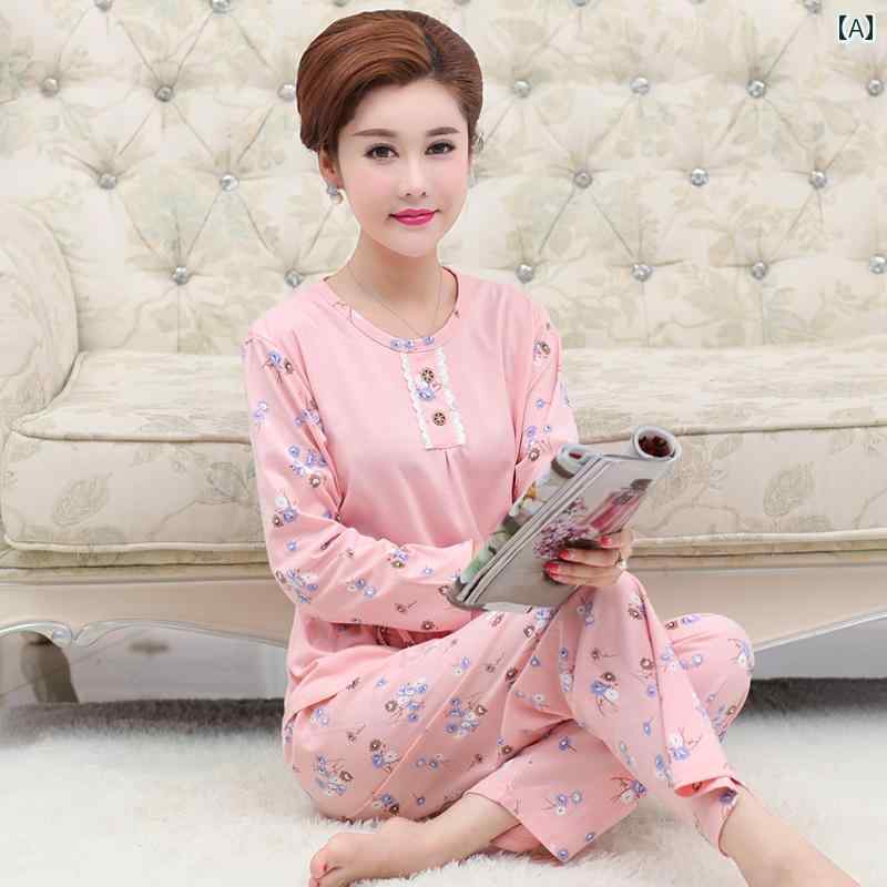 ママ　パジャマ　レディース 女性用 パジャマ 秋 長袖 綿 母親 中年 女性 春秋 薄手 ラウンドネック 大きいサイズ ホームウェア セット