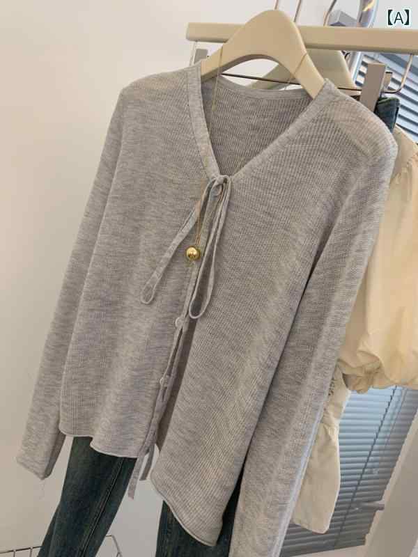 Vネック　セーター　レディース 特大 サイズ 300 ジン フレンチ レトロ グレー Vネック レースアップ ニットカーディガン ゆったり アウターと 長袖 トップスの 太め 女性向けのサムネイル