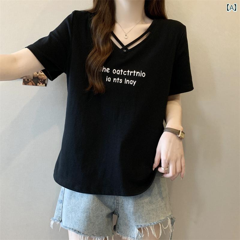 Vネック トップス レディース 300 ジン 大きめ サイズ レディース 夏 ファッション スタイリッシュ Vネック ストレート ショルダー 半袖 Tシャツ M スリミング 腹 カバー トップス