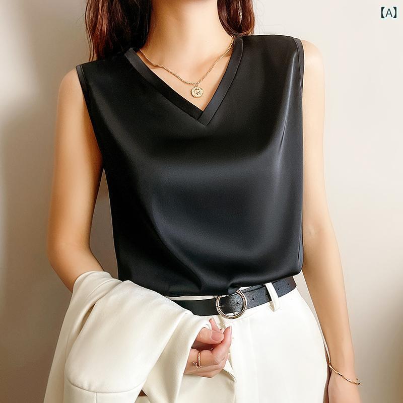 Vネック セーター レディース 大きいサイズ 太め mm 夏 ゆったり スリム サテン ノースリーブ ベスト レディース Vネック スーツ インナー サスペンダー トップ レイヤリング シャツ