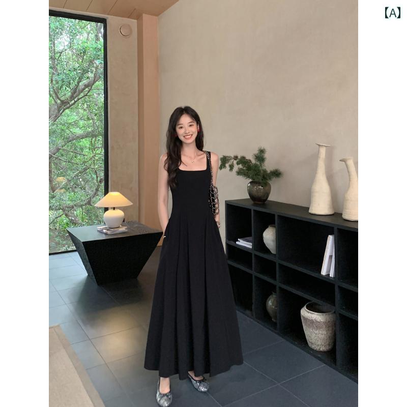 スカート ドレス ノースリーブ MULVAN フレンチ ブラック ノースリーブベスト ドレス レディース ウエスト スクエアネック 夏 aライン ロング スカート