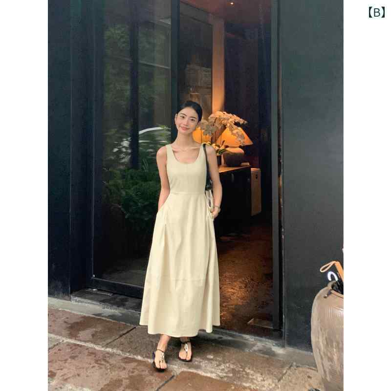 ワンピース　ドレス　おしゃれ プス メデ レトロ ラージ U ネック ノースリーブ ベスト ドレス レディース 夏 ウエスト スリミング ロング スカート