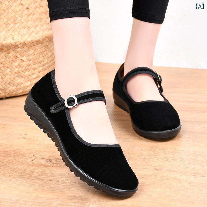 スリッパ　シューズ　カジュアル 牛革 底の 古風 布 靴 ホテルの 作業 靴用の 黒い 柔らかい 底 フラット ヒール 厚手 滑り止め ダンス マザー シューズ