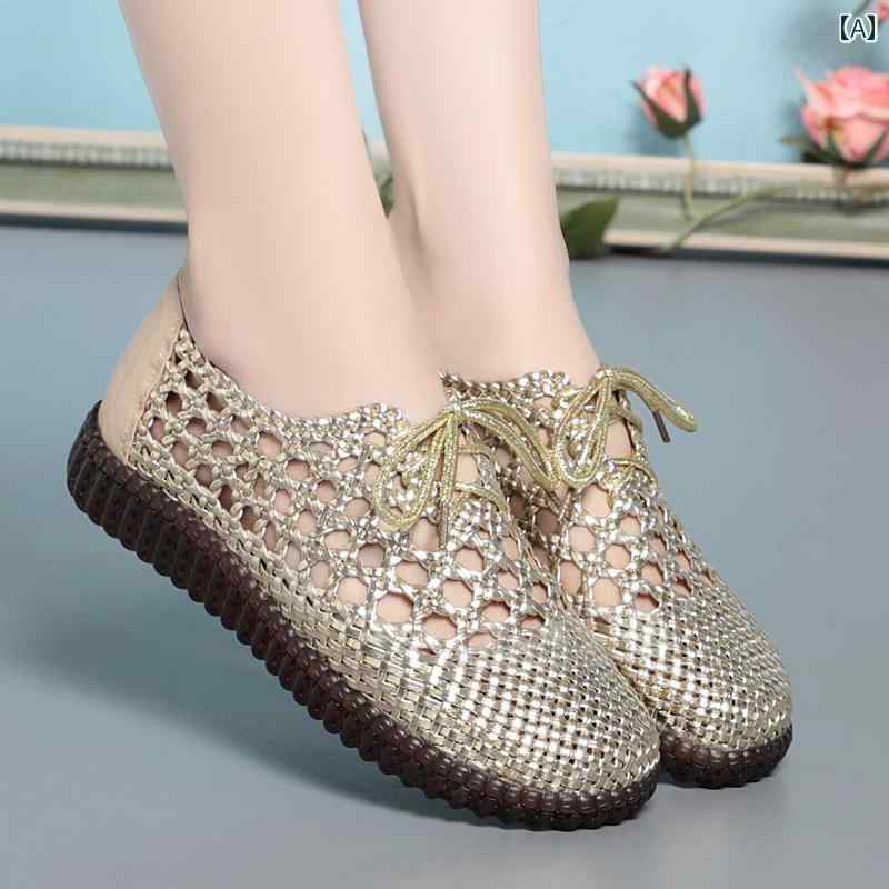 スリッパ　シューズ　カジュアル 女性用 トップレイヤー 牛革 サンダル 夏 用 包 頭 ママ シューズ ソフト ソール 編み込み ホール 革 カジュアル