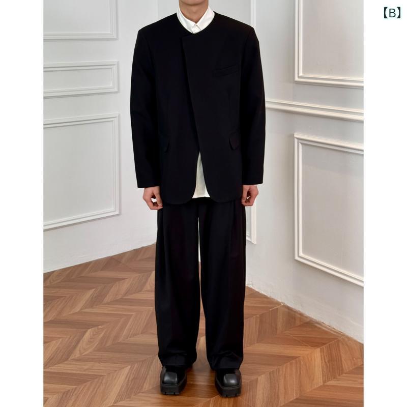 ビジネス　スーツ　ジャケット チャイナ風 高級 ラウンドネック ショルダーパッド スーツ ジャケット メンズ 春秋 カジュアル ゆったり 婚約 襟なし