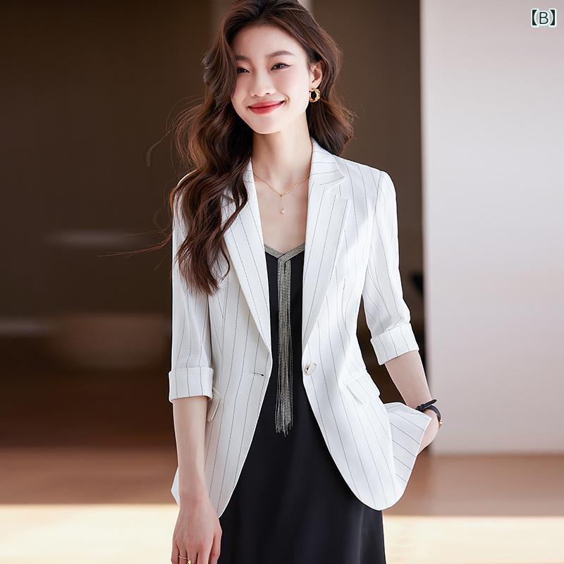 スーツ　ジャケット　カジュアル 女性用 細身 ストライプスーツ ジャケット 2025夏 高級 七分袖 レディース カジュアル スーツ セット