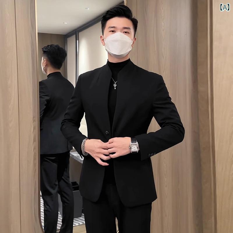 シューズ　スリッパ　カジュアル チャイナ風 スタンドカラーの 小さい スーツ ジャケット メンズ 春秋冬 2025 韓国 スリム ビジネス