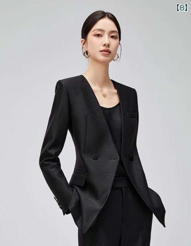 ビジネス　スーツ　ジャケット 女性用 ブラックノー カラー スーツ カジュアルで 有能な ビジネス の 2024年 早春 コート
