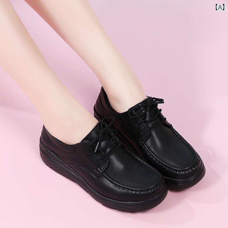 シューズ　スリッパ　カジュアル 革 厚底 ソフト ソールス モール レザーシューズ シングル シューズ レースアップ ナースシューズ 滑り止め マザー レディース ブラック ワークシューズ 2025 春秋