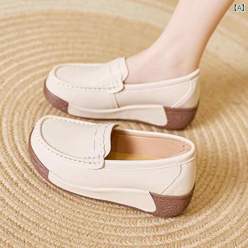 シューズ　スリッパ　カジュアル 女性用 革 プラットフォーム シューズ 滑り止め ソフト ソール 中年 ママ用 スリッポン 厚底 軽量 カジュアル スポーツ レザーシューズ