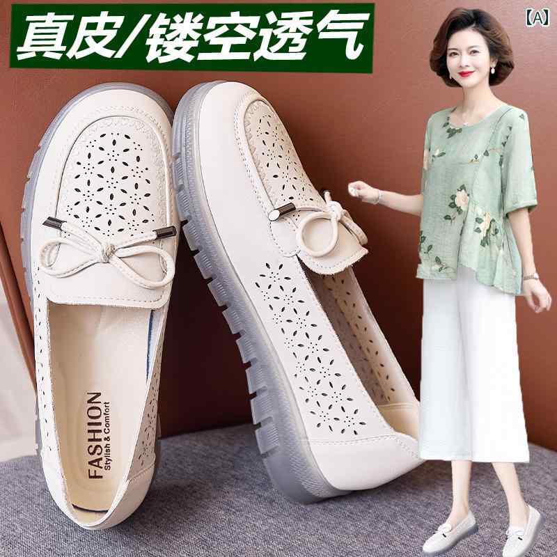 シューズ　スリッパ　カジュアル ママ 靴 春夏の シングル シューズ向け 快適 サンダル 牛 すじ 柔らかい 底 穴 女性 革靴 5060歳