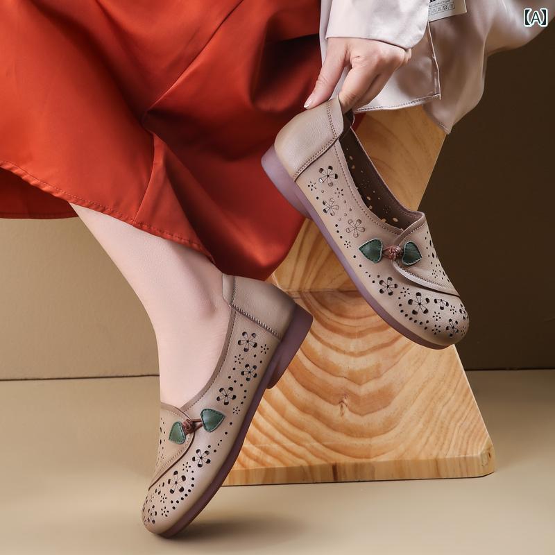 シューズ　スリッパ　カジュアル 革 ソフト ソール マザーズ シューズ サンダル シングル 快適 フラット 底 中年 ホール 女性 靴 夏