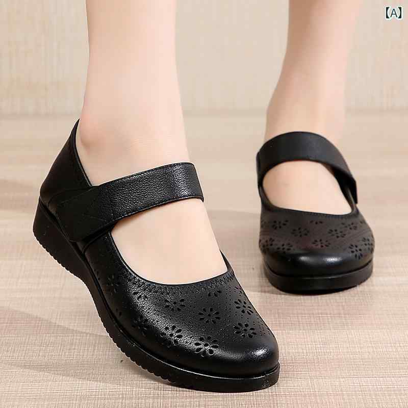 シューズ　スリッパ　カジュアル ママ サンダル 通気性 穴あき 靴 滑り止め ソフトレザー 革 快適 ソフト ソール フラット 夏おばあちゃん 高齢者