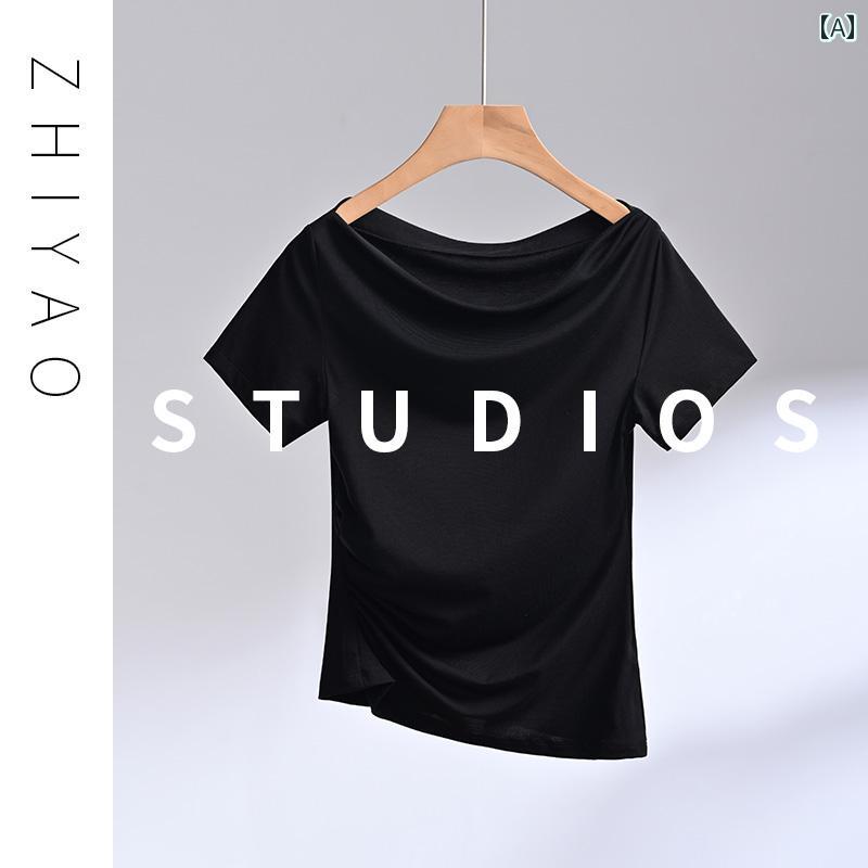 レディース スカート カジュアル 夏用 リヨセル 半袖 Tシャツ プリーツ ウエスト スリミング スモール シャツ シック ワンショルダートップ 薄手