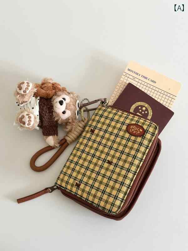 財布　カードケース　ウォレット レトロ チェック 柄の 旅行 書類 パスポートホルダー 多機能 ジッパー..