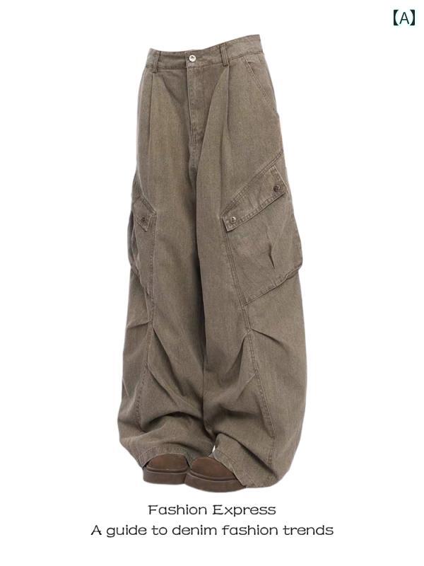 レディース　スカート　カジュアル レトロ メイラード ブラウン プリーツ ビッグ ポケット カーゴ ジー..