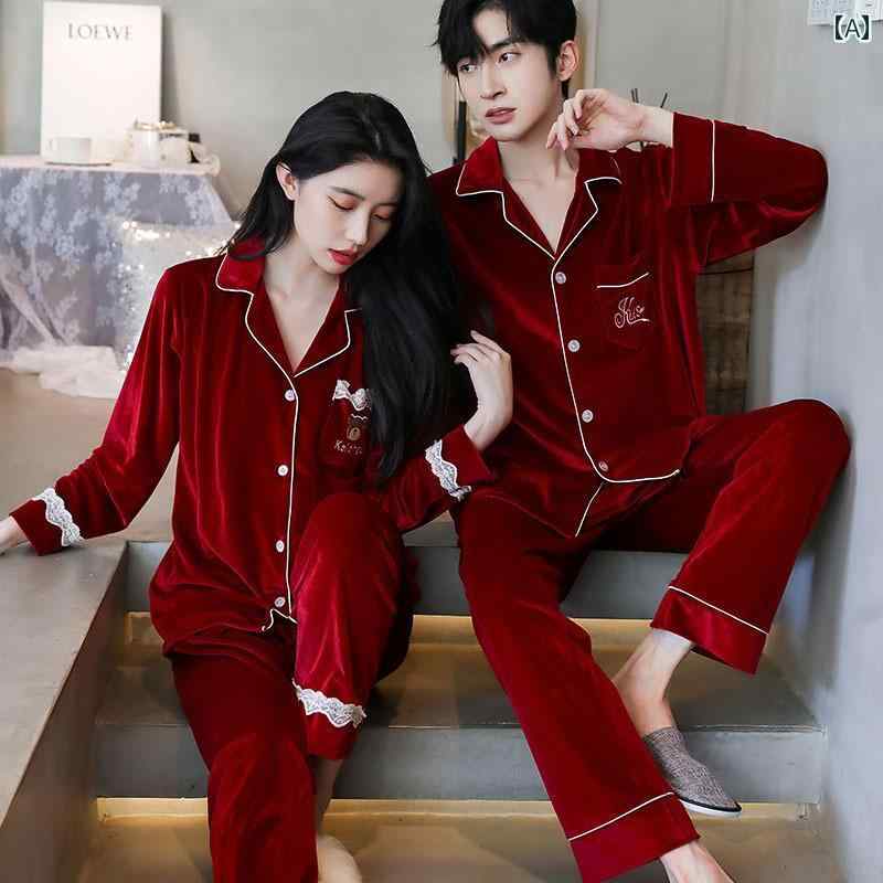 メンズ　パジャマ　上下 女性用 ゴールド ベルベット パジャマ 2 セット 高級 秋冬 長袖 カップル ホームウェア 屋外でも 着用 可能