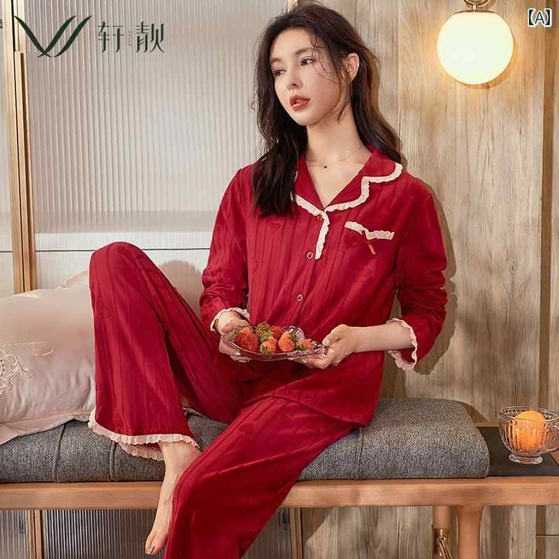 メンズ　パジャマ　上下 玄 良 夫婦 赤い パジャマ 女性 春秋 綿 長袖 結婚式 新婚 誕生 年 ホーム 服 メンズスーツ