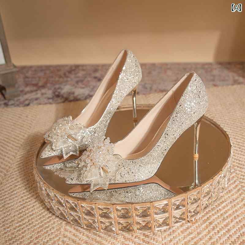 ハイヒール　シューズ　レディース クリスタルの 弓の 美しい ブライダル シューズ 秀和の ウェディングドレス ツー ウェア レディース ハイエンド スパンコール スティレット フレンチ ハイヒール(4)