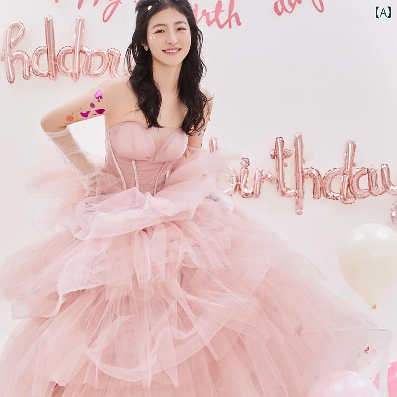 ドレス　パーティー　レディース バービー プリンセス ピンク 花嫁 結婚式 婚約 トースト ドレス 誕生日 パーティー 大人用 ウェディングドレス 19118