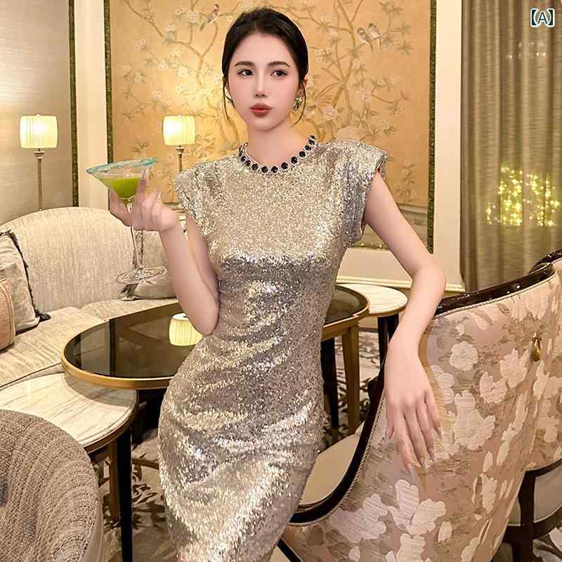 ドレス　パーティー　レディース で 軽く ハイエンドの 誕生日 パーティー ドレス スリム エレガントな ロイヤル シスター 女性用 ノースリーブ スパンコールドレス。