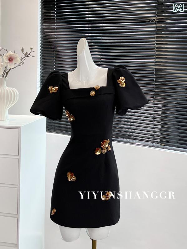 ドレス パーティー レディース 黒の レトロ シャネル 半袖 ドレス レディース 夏の ショート スカート 重い スパンコールのの 高級