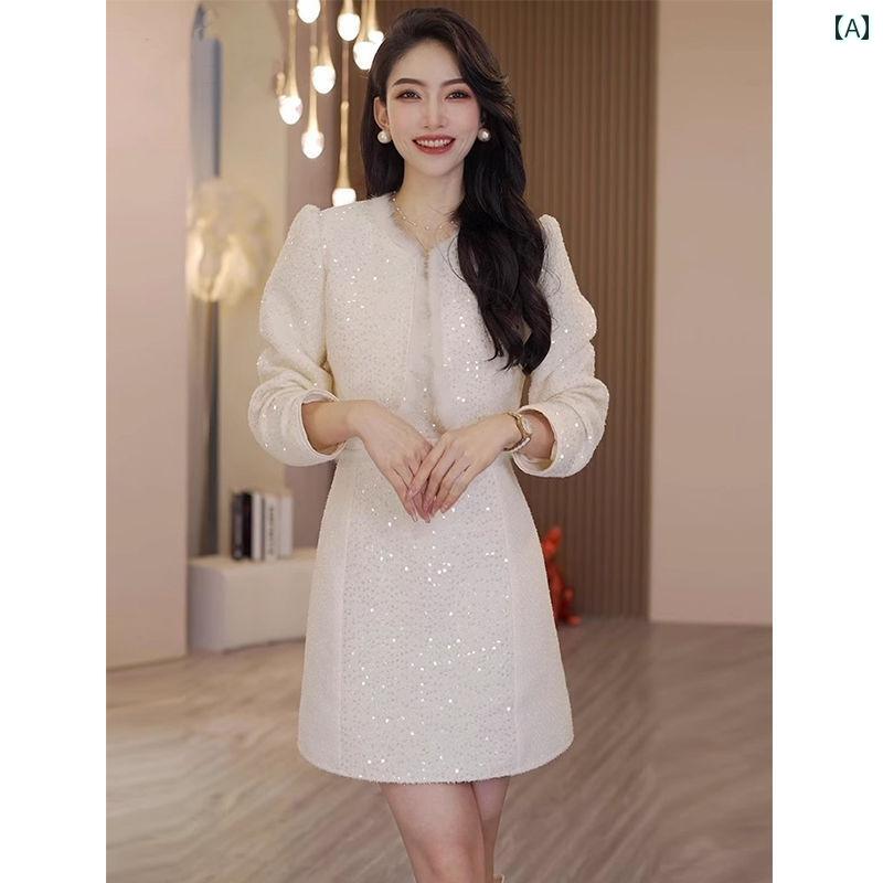 レディース ドレス ワンピース の ファッションの 年齢を 減らす 女性用 スーツ スカート 春 の スパンコール ファーカラー シャネル コート ドレス