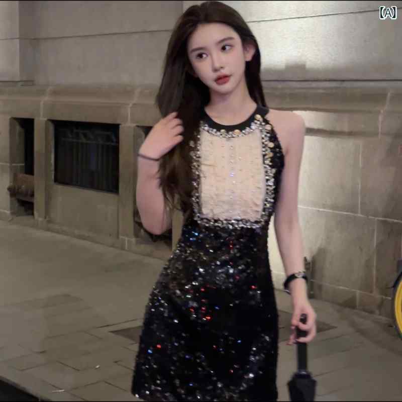 ドレス パーティー レディース 風の スパンコールが 輝く シャネル 高級 ウエスト スリミング ドレス な 魅惑的 ノースリーブの ショート スカートの 夏