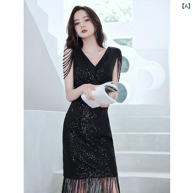 ドレス　パーティー　レディース 美しい タッセル 付きの 黒い イブニングドレス 軽い 贅沢 高級 パーティー 重厚 年次 総会 小さい ホスト