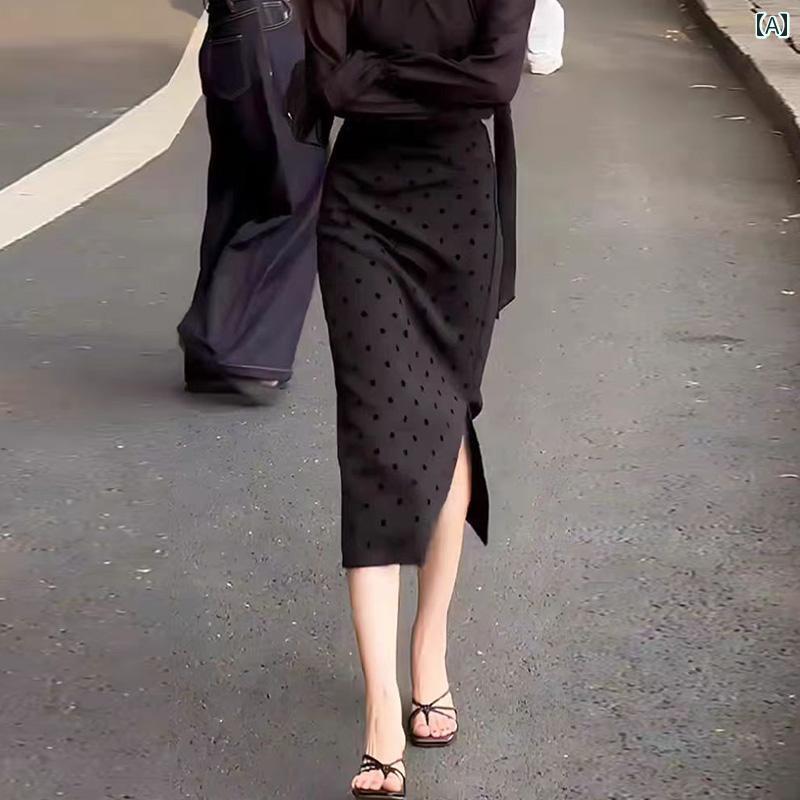 レディース　ドレス　ワンピース レディース ブラック 水玉 スカート ミドル 丈 春 ハイウエスト シンプル カジュアル スリミング スリット ヒップ ラップ ペンシル
