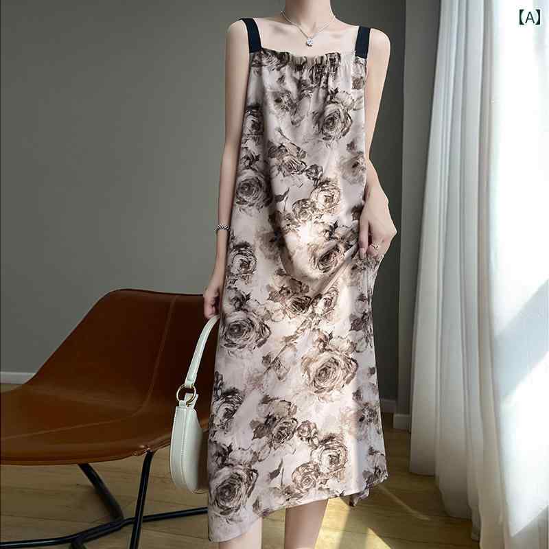 キャミソール　トップス　レディース 韓国 ゆったり シフォン サテン サスペンダー ドレス プリント ア..