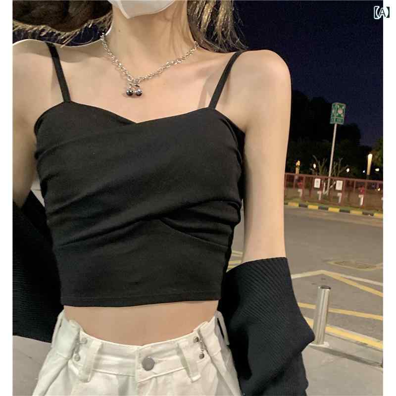 キャミソール　トップス　レディース 夏に 着用 できる 女性用 黒 キャミソール ベスト 胸 パッド 付き..