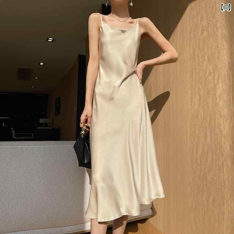 キャミソール　トップス　レディース 【 Miding】 プリーツ ウエスト 45度 バイアス カット サテン aライン ロング スカートの レディース アセテート サスペンダー ドレス