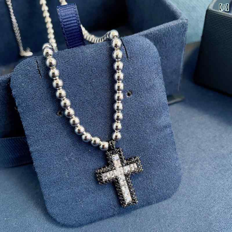 ネックレス　十字架　クロス 2025年 ホット スタイル ホワイト＆ ブラック パヴェ クロス 調節可能 シルバービーズ ネックレス シンプル 女性への 誕生日 プレゼント