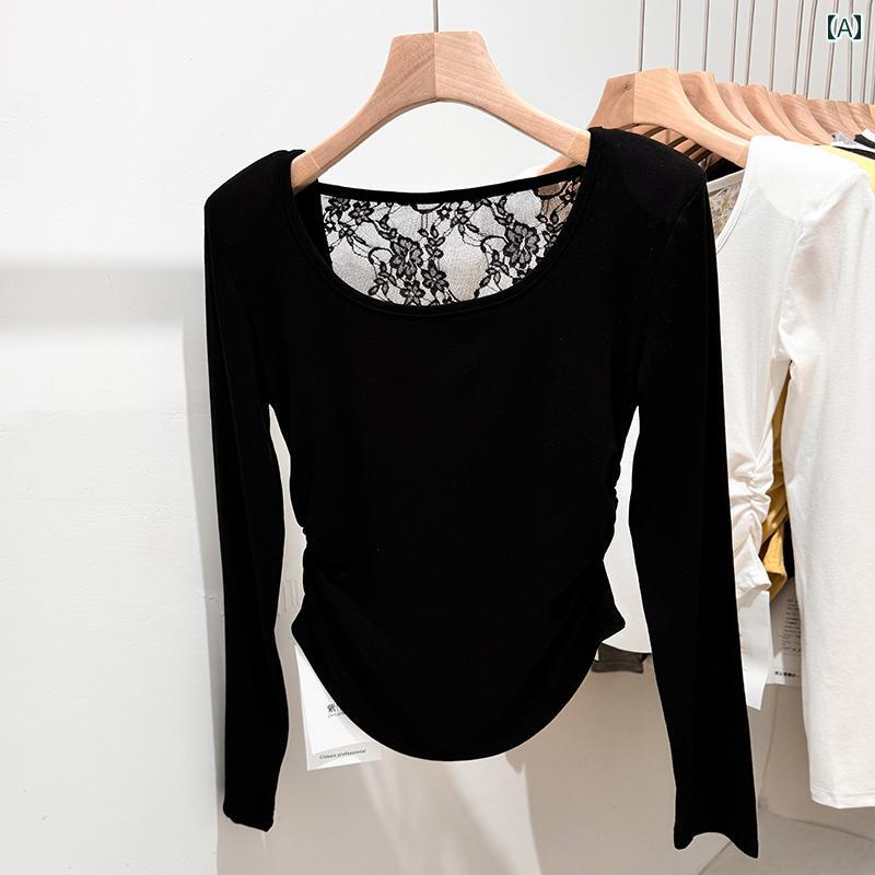 レディース　シャツ　レース メッシュ レース バック U ネック ウエスト トップ 2025 春秋 スリム ショルダーパッド 長袖 レイヤリング シャツ レディース(4)