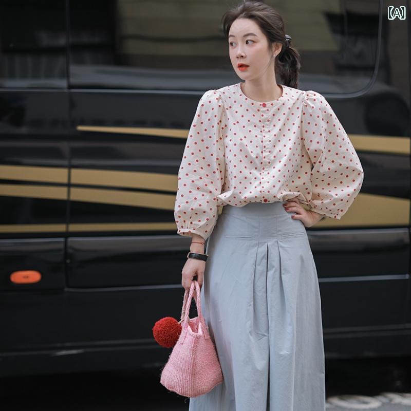 布 生地 無地 シャネル 風の 赤い ドットの パフスリーブシャツ シックで 美しい 小さい シャツ ハイエンド ランタン スリーブのの トップス