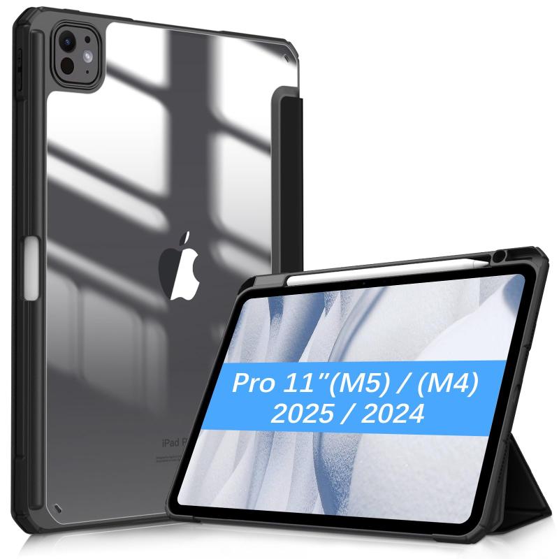 Fintie iPad Pro 11インチ(M5/M4) ケース 2025/2024 透明バックカバー Apple Pencil 収納可能 Apple Pencil Proワイヤレス充電対応 三つ折スタンド スリープ機能 軽量 薄型 傷つけ防止 PU合成