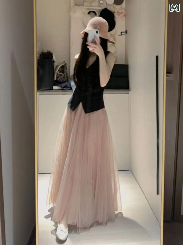 レディース　スカート　ハイウエスト 2025 春秋 ピンク aライン ガーゼ スカート ハイウエスト ミディアム ロングメッシュ 女性 スーパー フェアリー アンブレラ ドレープ