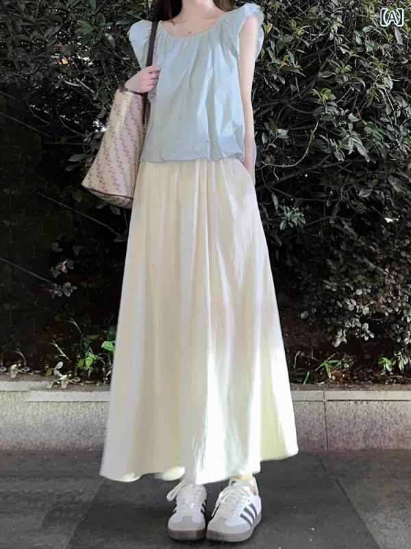 レディース　スカート　ハイウエスト レディース フランスの アプリコット スカート 春の スタイル エレガントな ウエストと スリム 傘の ドレープの aラインの ミドル 丈