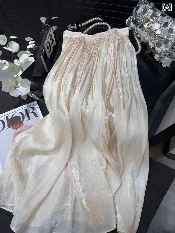 レディース　スカート　ハイウエスト 高級 2025夏 ハイウエスト 光沢 パール ガーゼ スカート プリーツスカート メッシュ ミドル 丈