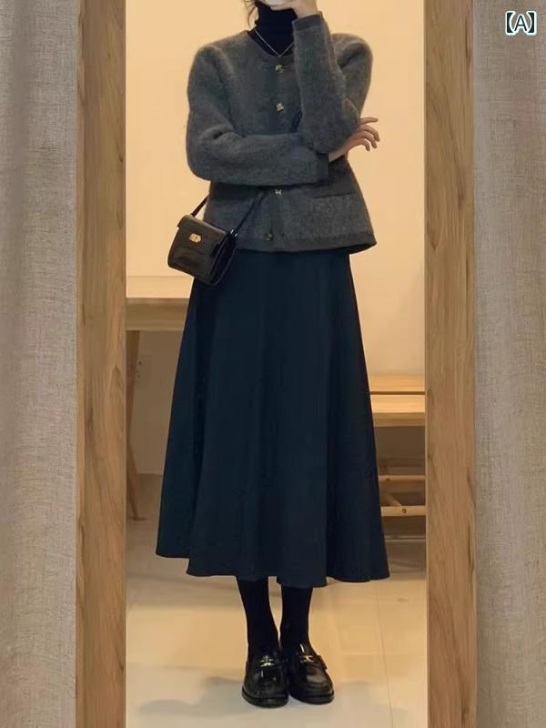 レディース　スカート　ハイウエスト Rouje Naive ブラック ウール レディース 秋 ハイウエスト スリム aライン スカート 体型 カバー ヒップ ミドル 丈