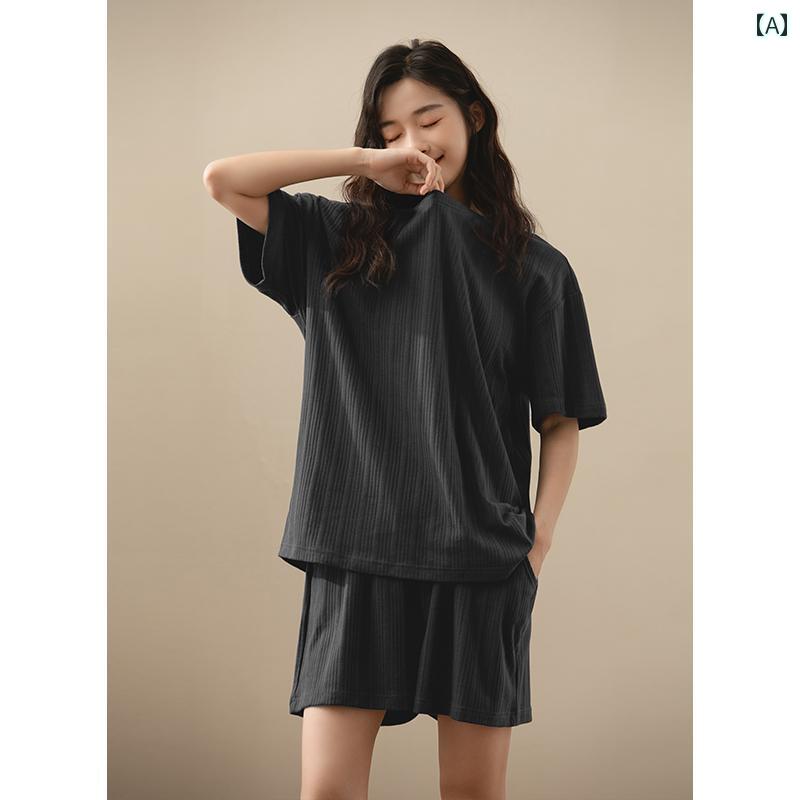 半袖　半ズボン　パジャマ 夏の パジャマの レディースな 綿の 薄手 半袖 ラウンドネックプルオーバー ..