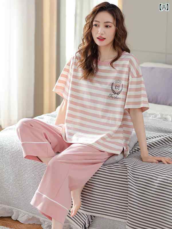 パジャマ　セット　スウェット Zhifenteng パッド パジャマ レディース コットン クロップドパンツ 半袖 ストライプ 大きめ サイズ ホームウェア ホット スタイル セット 夏(4)