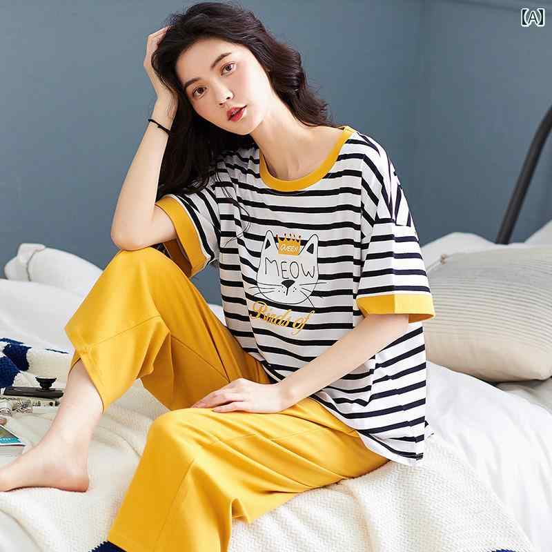 パジャマ セット スウェット 2025 夏の パジャマ レディース 綿 半袖 ゆったり 薄手 クロップドパンツ 太い MM 大きめ サイズ ホーム 服 スーツ