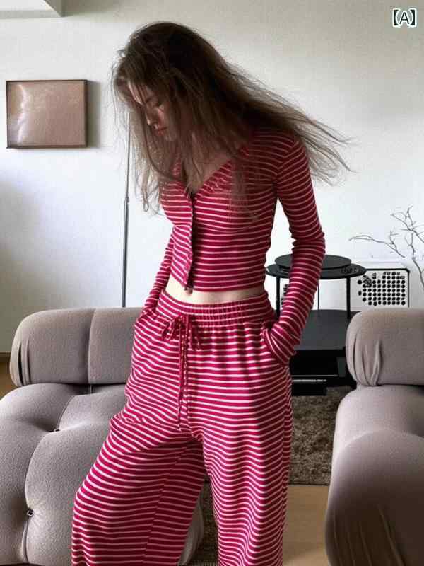 ストライプ　パジャマ　スウェット 韓国 シンプル の ストライプの パジャマ 女性用 春秋 スタイル 大きいサイズ カジュアル アウター 長袖 長 ズボン ホームウェア スーツ